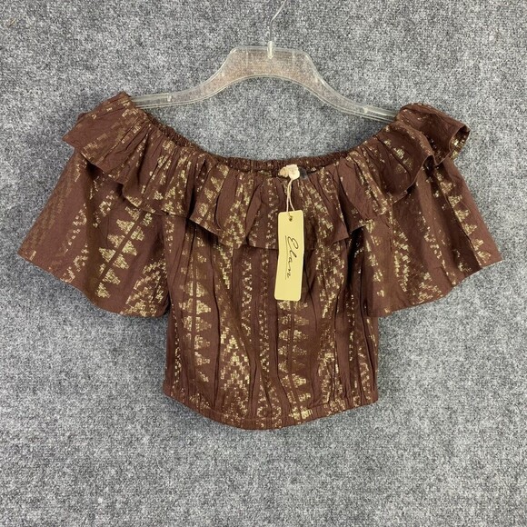 Elan Crop Top Women M Elastic Neck and Hem Short Flare Sleeve Brown Gold - Picture 1 of 11